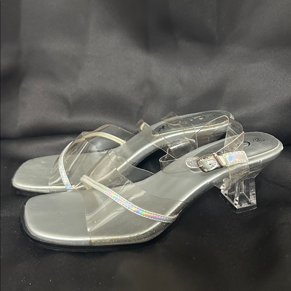 Catwalk Clear Strap Heels – Y2K Transparent Mule Sandals – Silver Footbed
